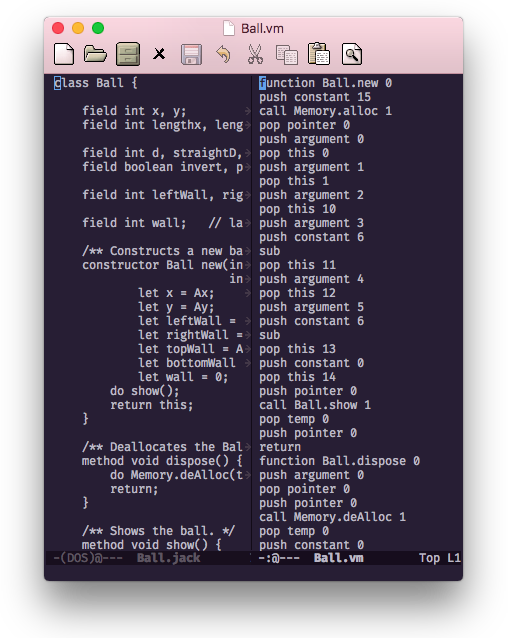 Two files side-by-side: an object-oriented Jack file, next to its output after being compiled